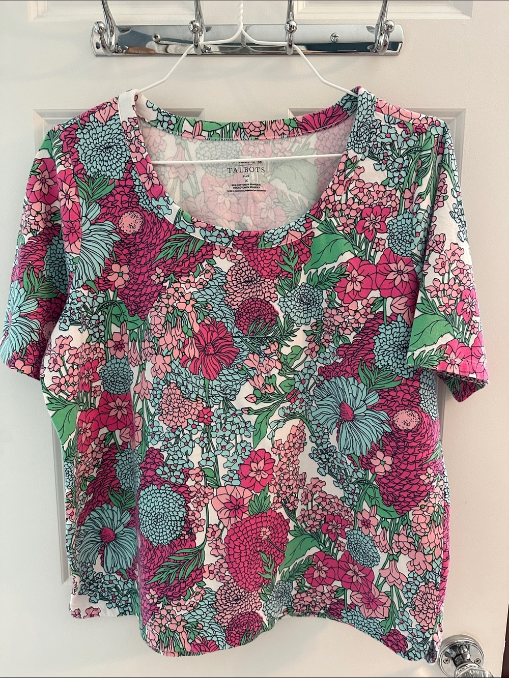 Talbots Pink Green Floral Short-Sleeve Scoop Neck Top